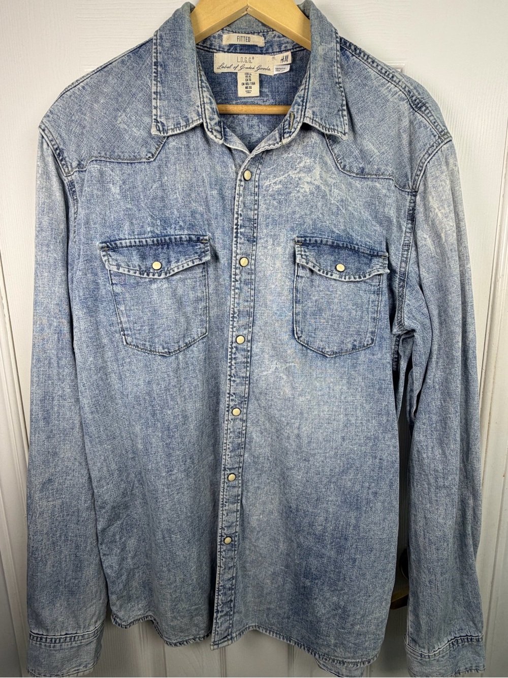 H&M LOGG Men's XL Light Blue Denim Shirt Fitted Snap Front Western Y2K Vintage